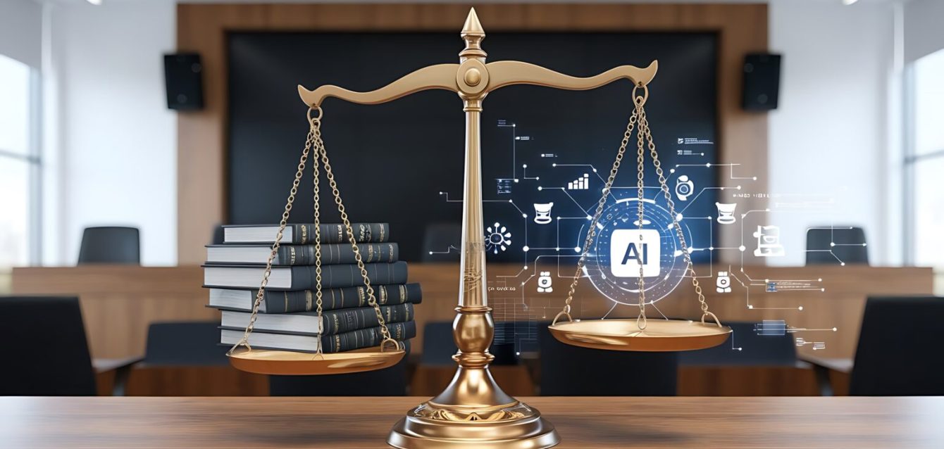 AI and the Scales of Justice:  A symbolic image depicting a golden scale of justice with books representing legal precedent balanced against AI technology, set within a courtroom.