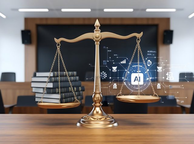AI and the Scales of Justice:  A symbolic image depicting a golden scale of justice with books representing legal precedent balanced against AI technology, set within a courtroom.